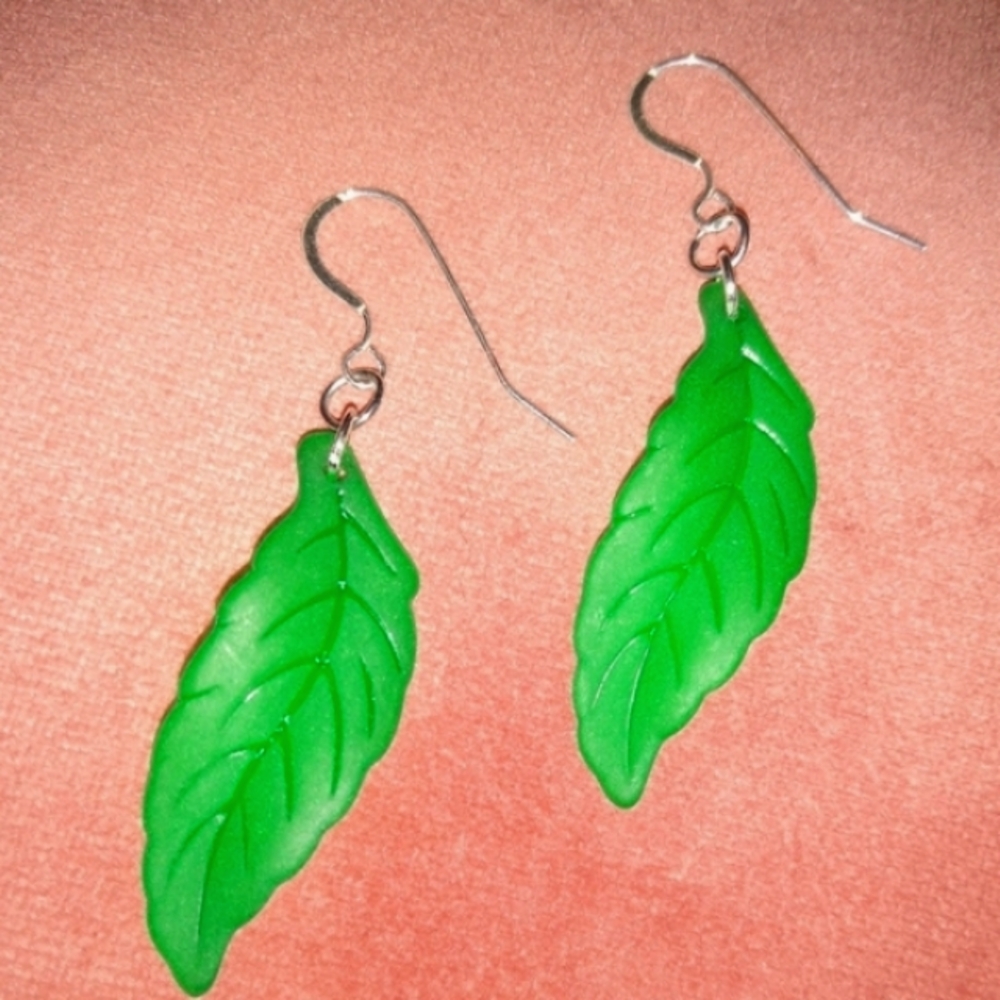 Solid 925 REAL Sterling Silver Ear Wires Green Leaves Long Leaf Earrings New